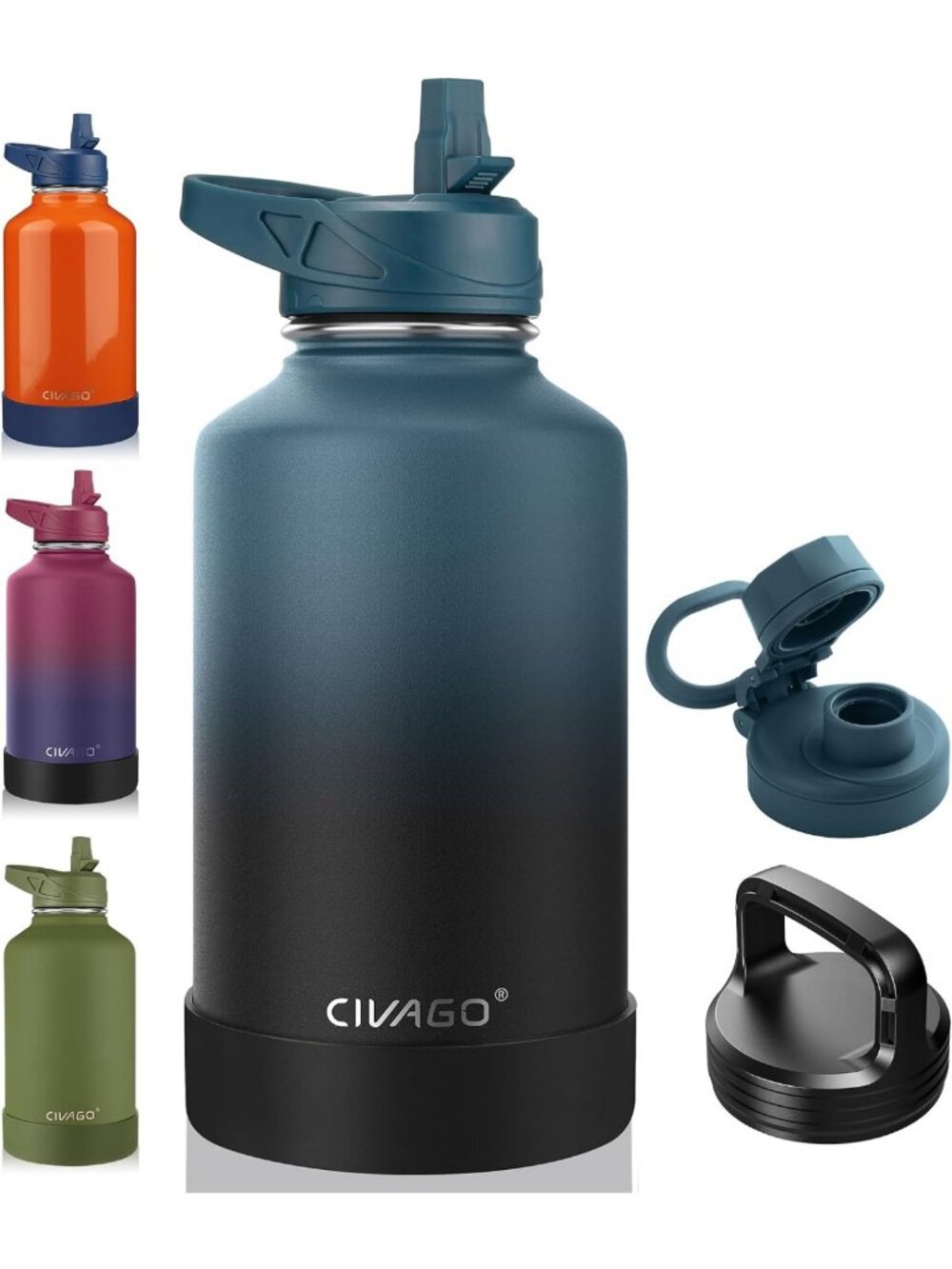 64 oz Insulated Stainless Steel Water Bottle with Straw & 3 Lids - Durable